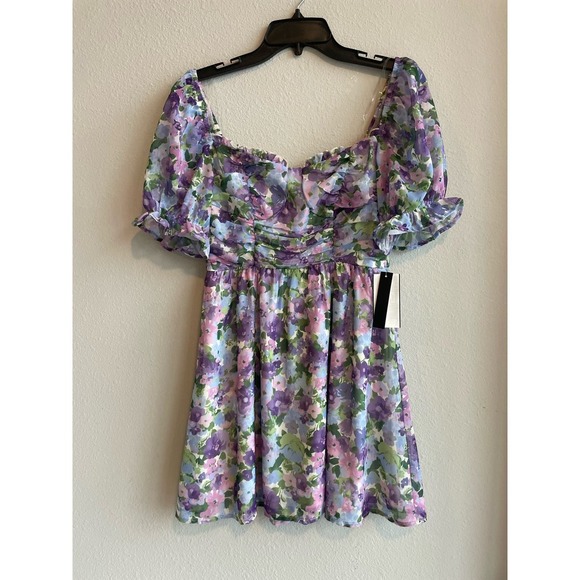 NWT Floral Print Puff Sleeve Tie Back Fit-And-Flare Dress Size XS Purple Blue - Picture 2 of 8